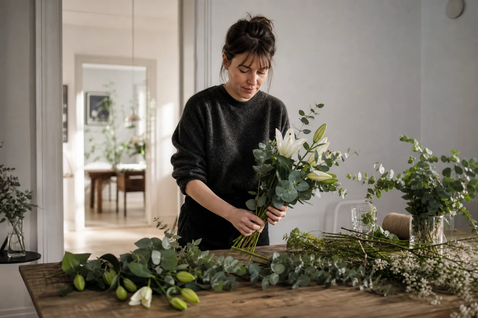 Bukett med snittblommor uppställd på ett bord inomhus, utan synlig logotyp eller adress.
