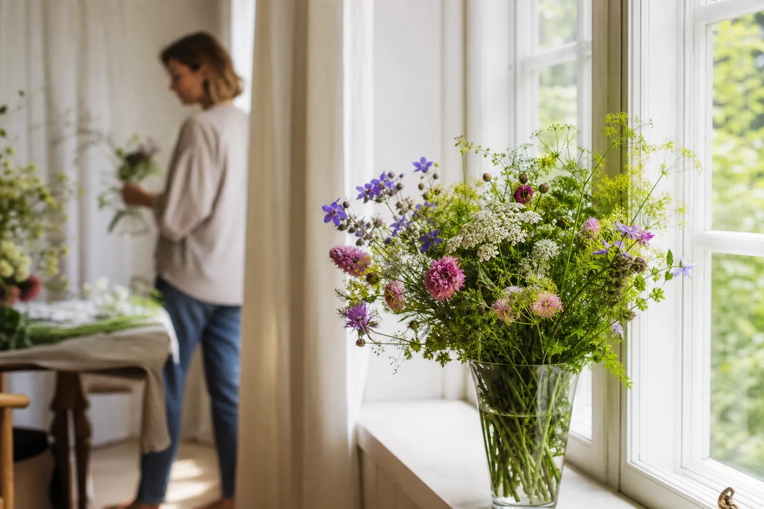 Bukett med blandade snittblommor i papper, förberedd för budleverans.