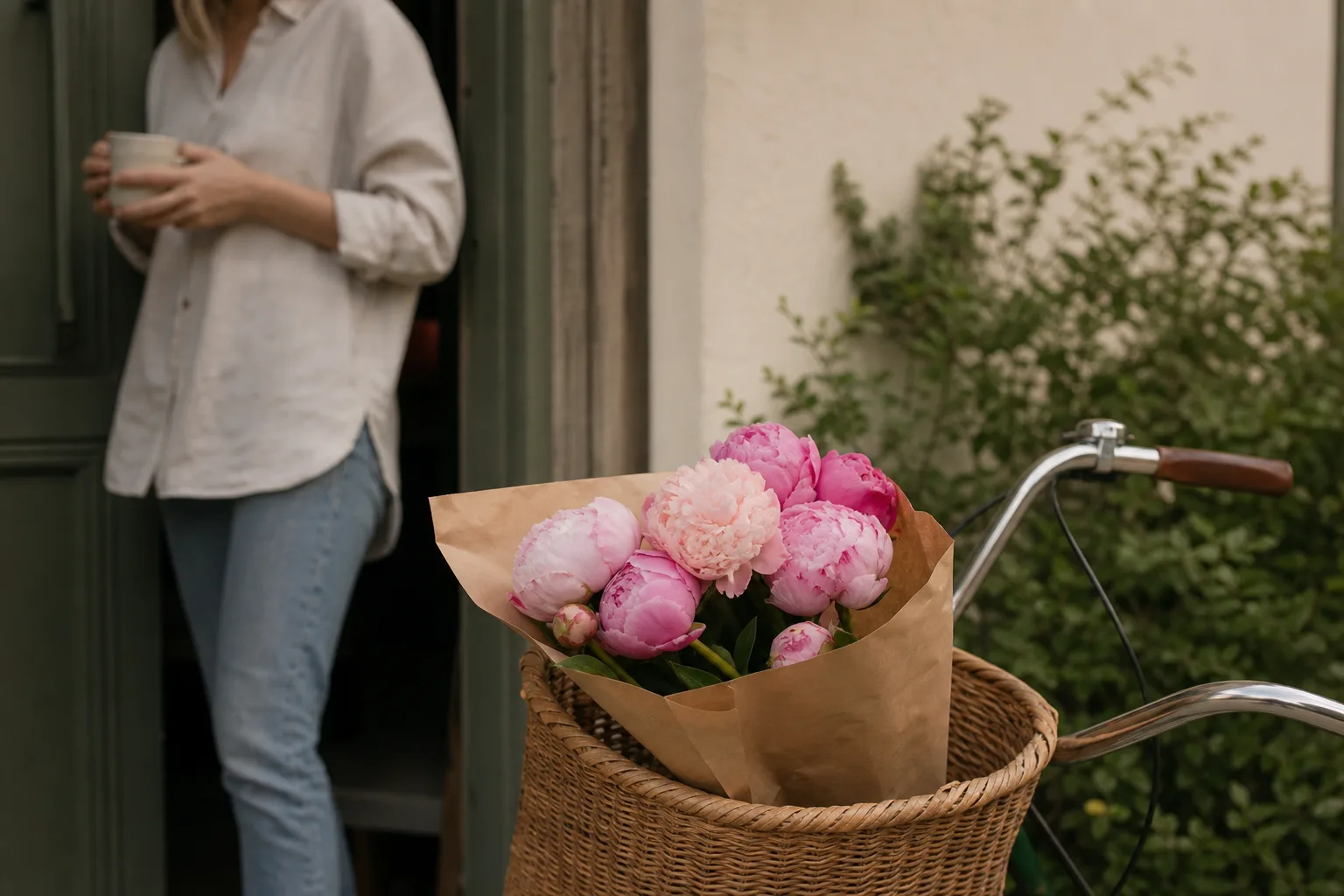 Snittblommor bundna till en enkel bukett, redo för leverans.