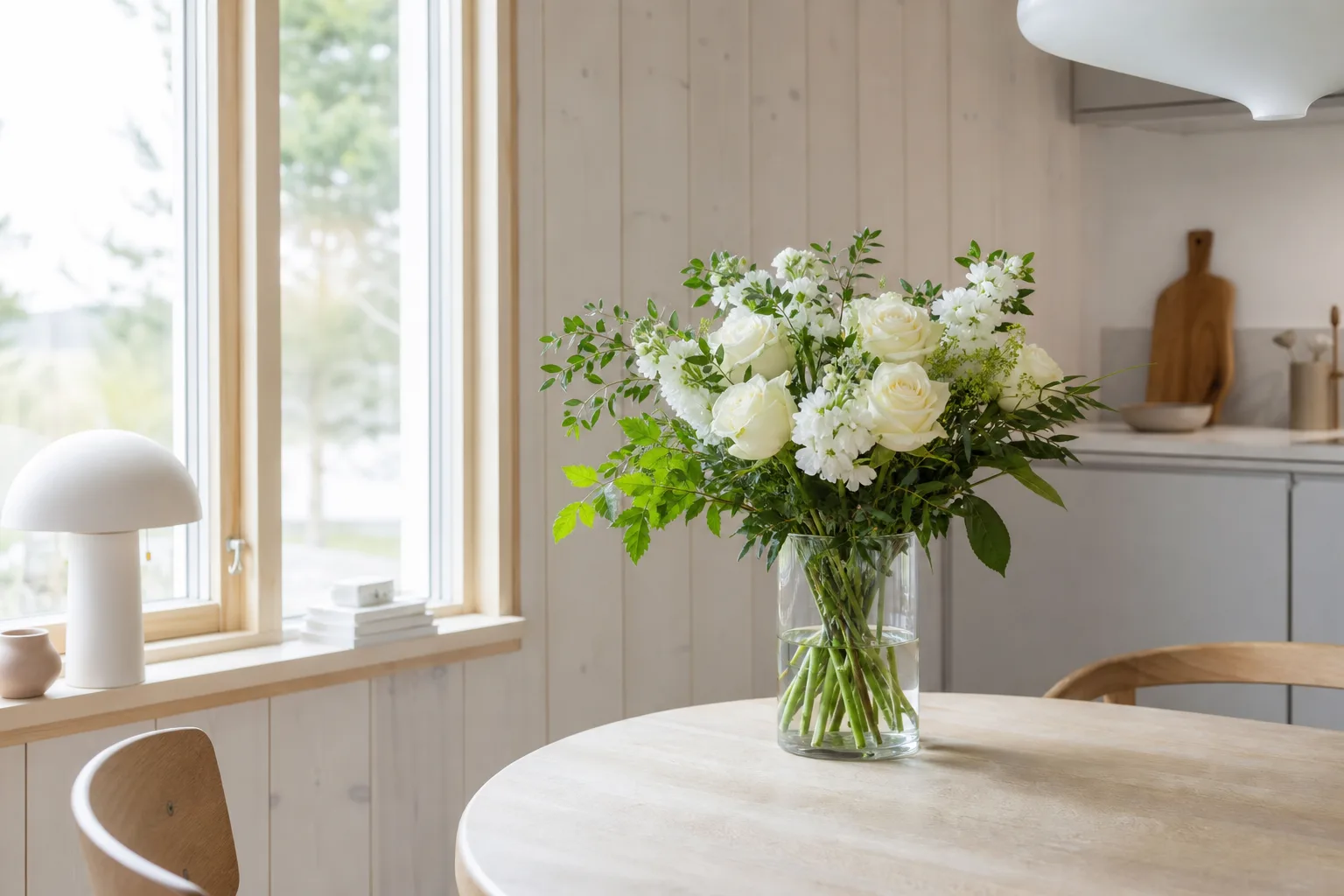 Enkel bukett med blandade blommor, lindad i papper