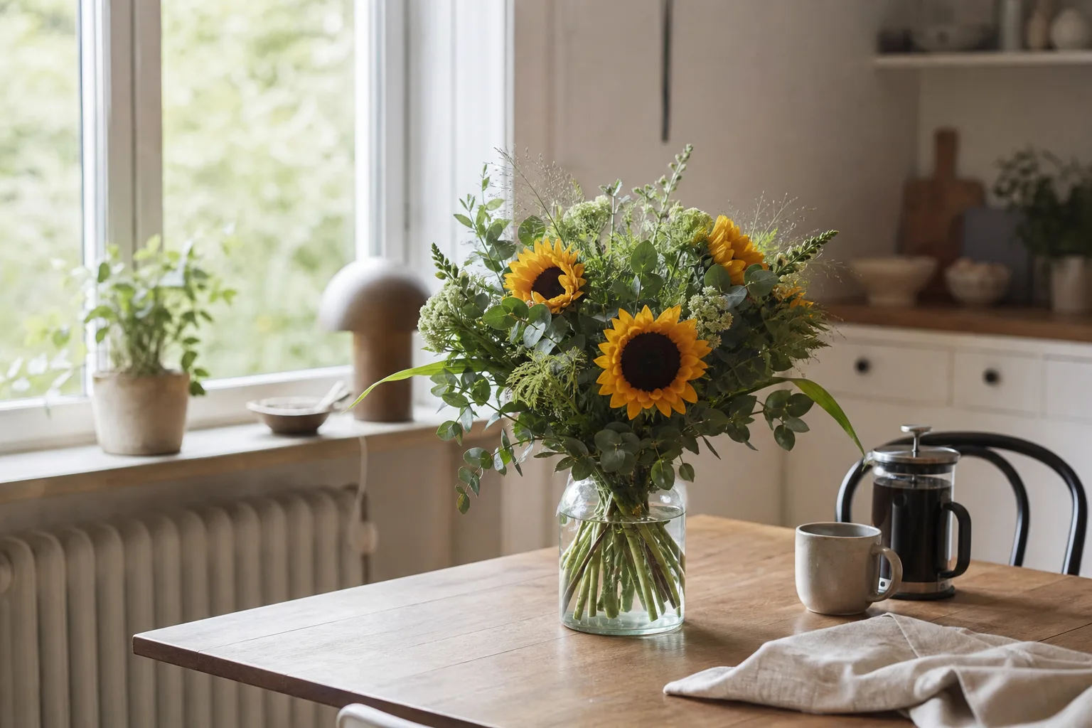 Färgstark bukett med snittblommor i papper, redo för leverans