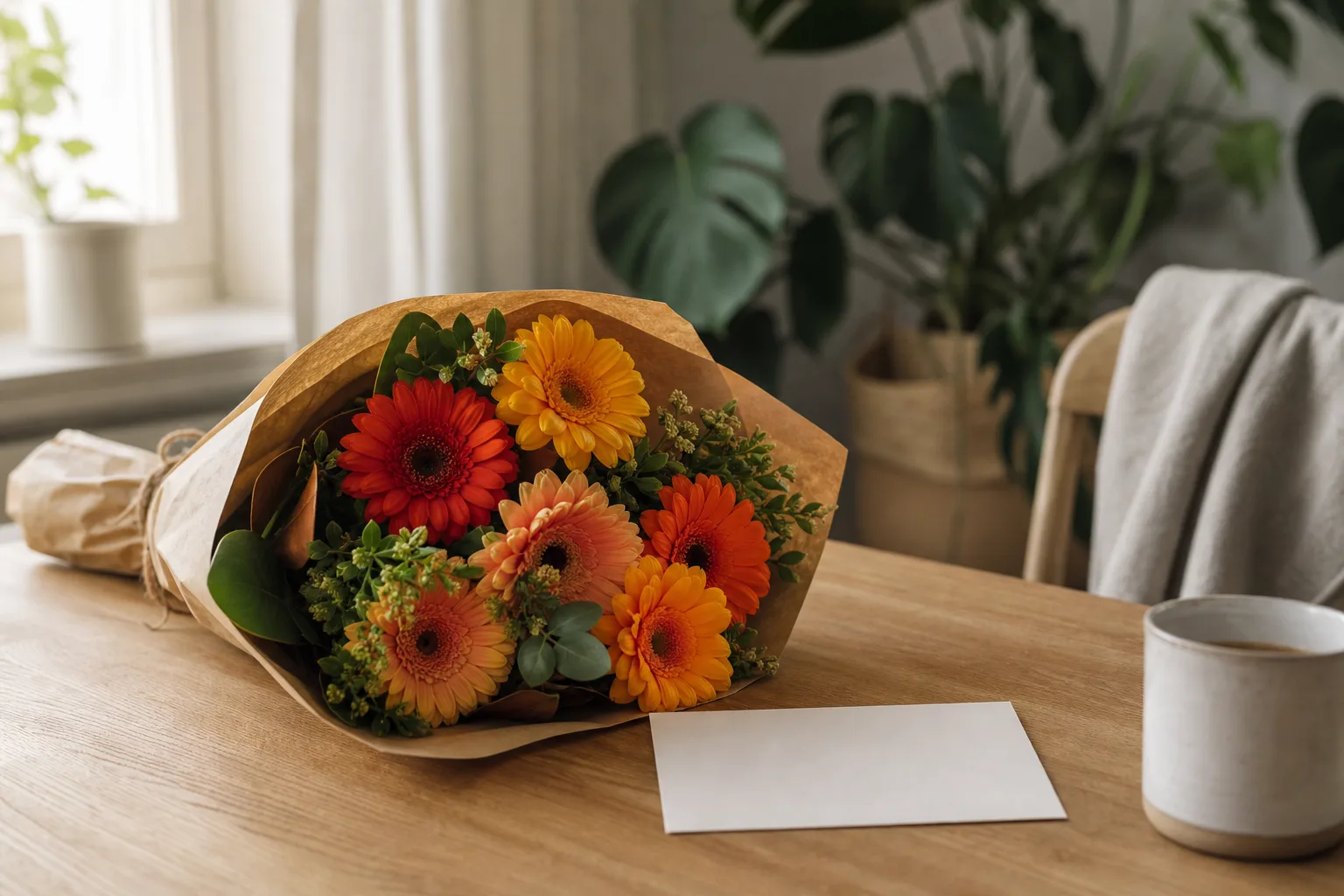 Bukett med blandade snittblommor inslagen i papper, redo för avlämning