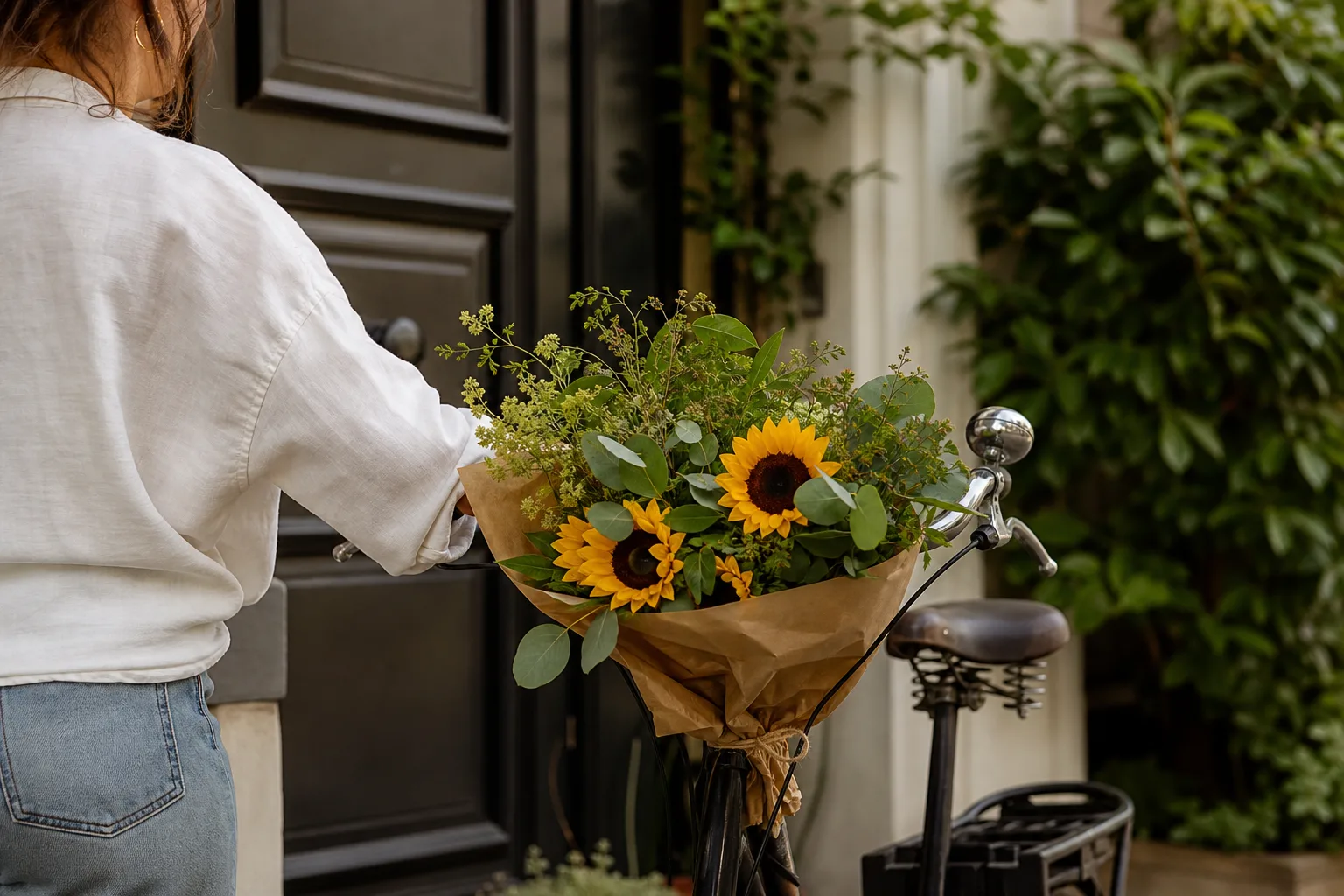 Handbunden bukett med blandade snittblommor inslagen i papper