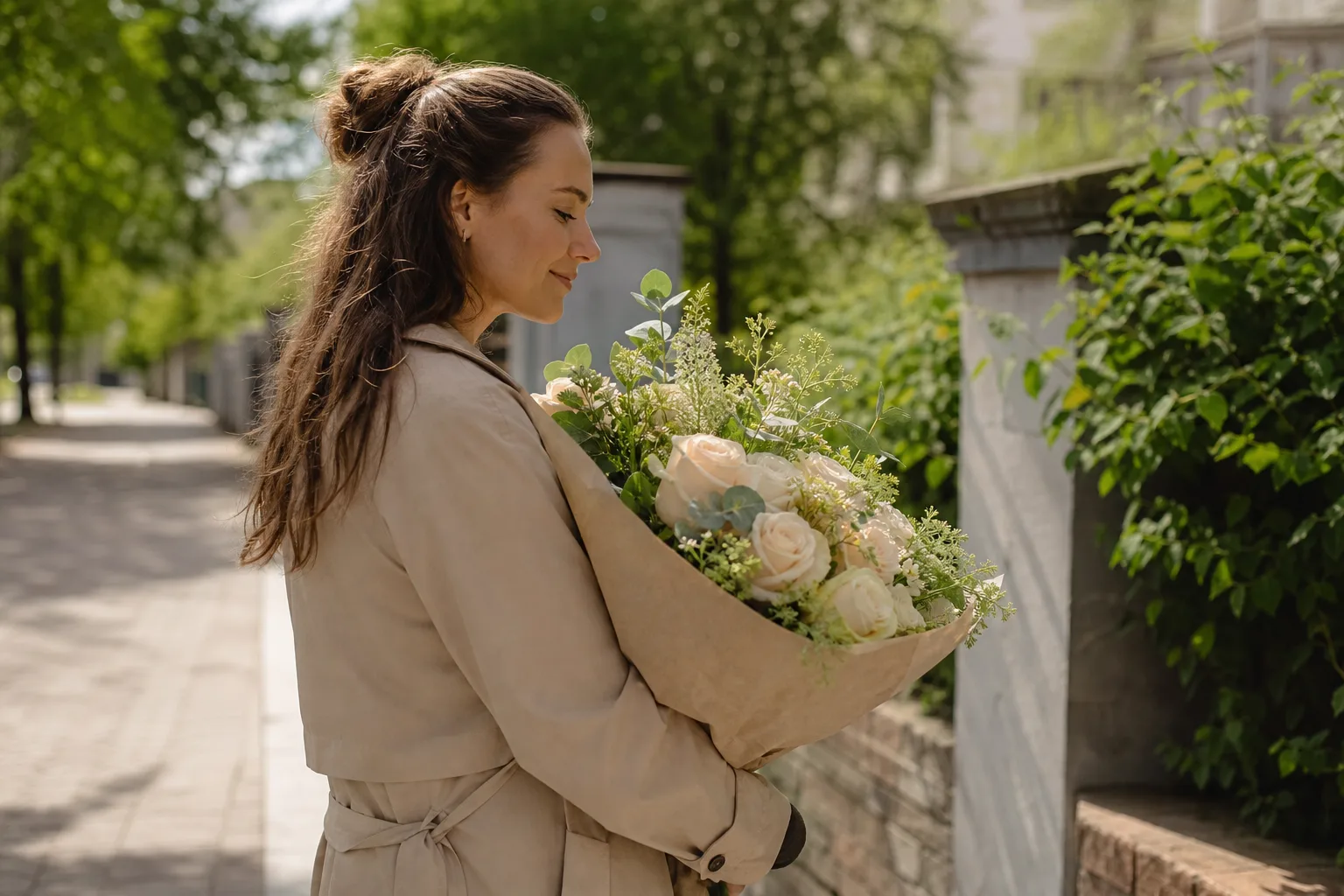 Blombukett med säsongens snittblommor, förpackad för leverans