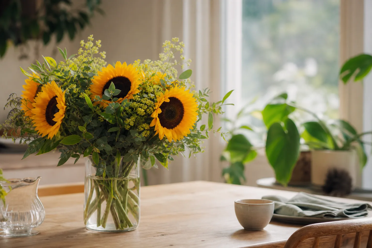Bukett med blandade snittblommor, redo för leverans
