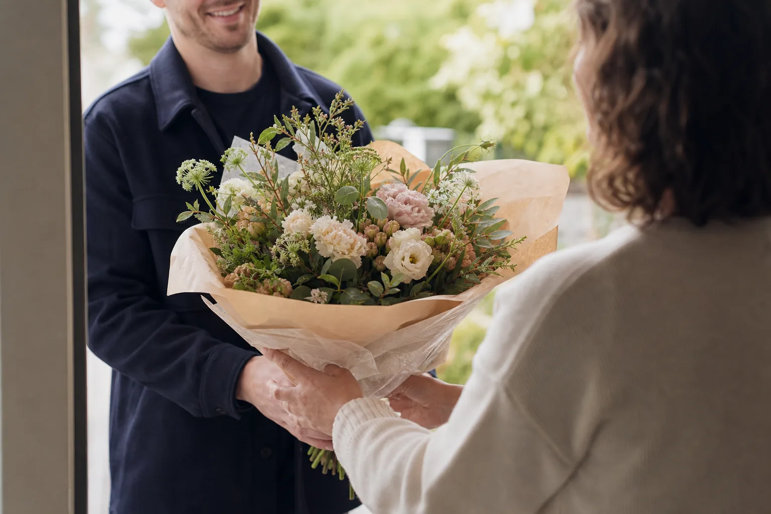 Bukett med blandade snittblommor, inslagen och redo att lämnas över