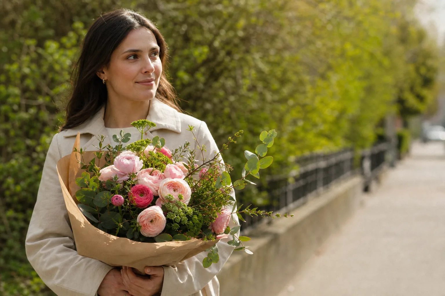 Bukett med säsongens snittblommor, ombunden i naturligt material