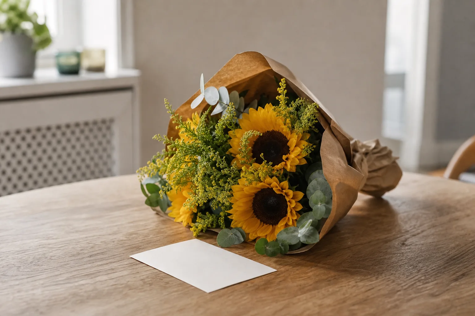 Bukett med säsongsblommor i papper, placerad på ett köksbord