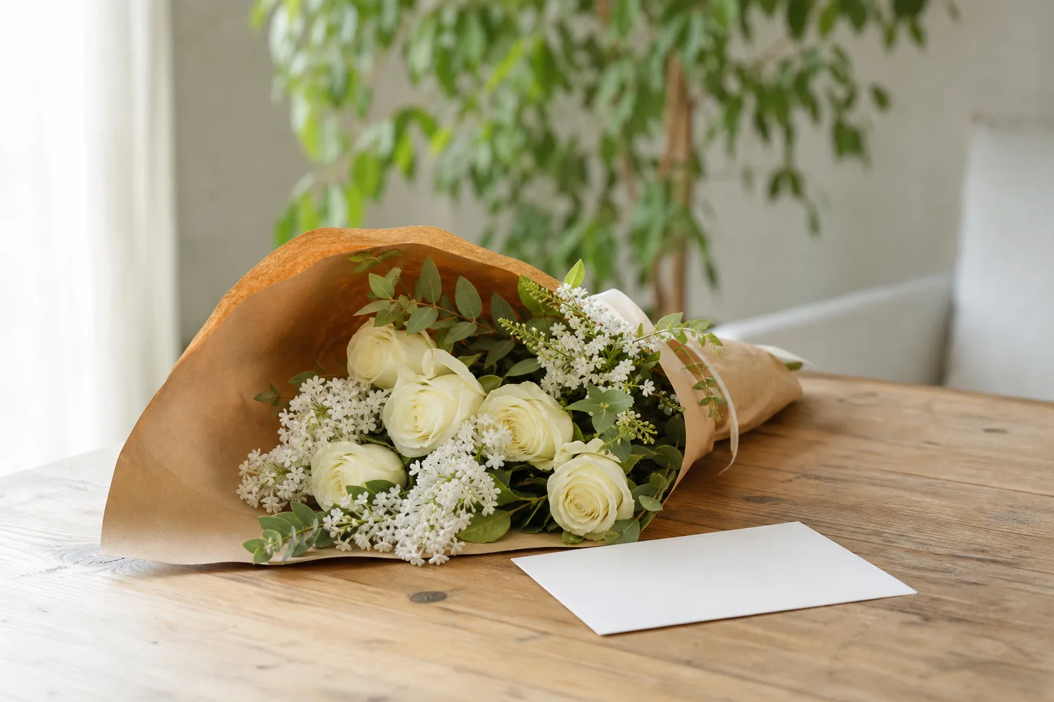 Bukett med snittblommor i papper, uppställd inför leverans