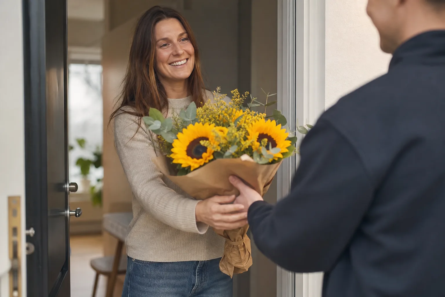 Bukett med blandade säsongsblommor, redo att packas för bud