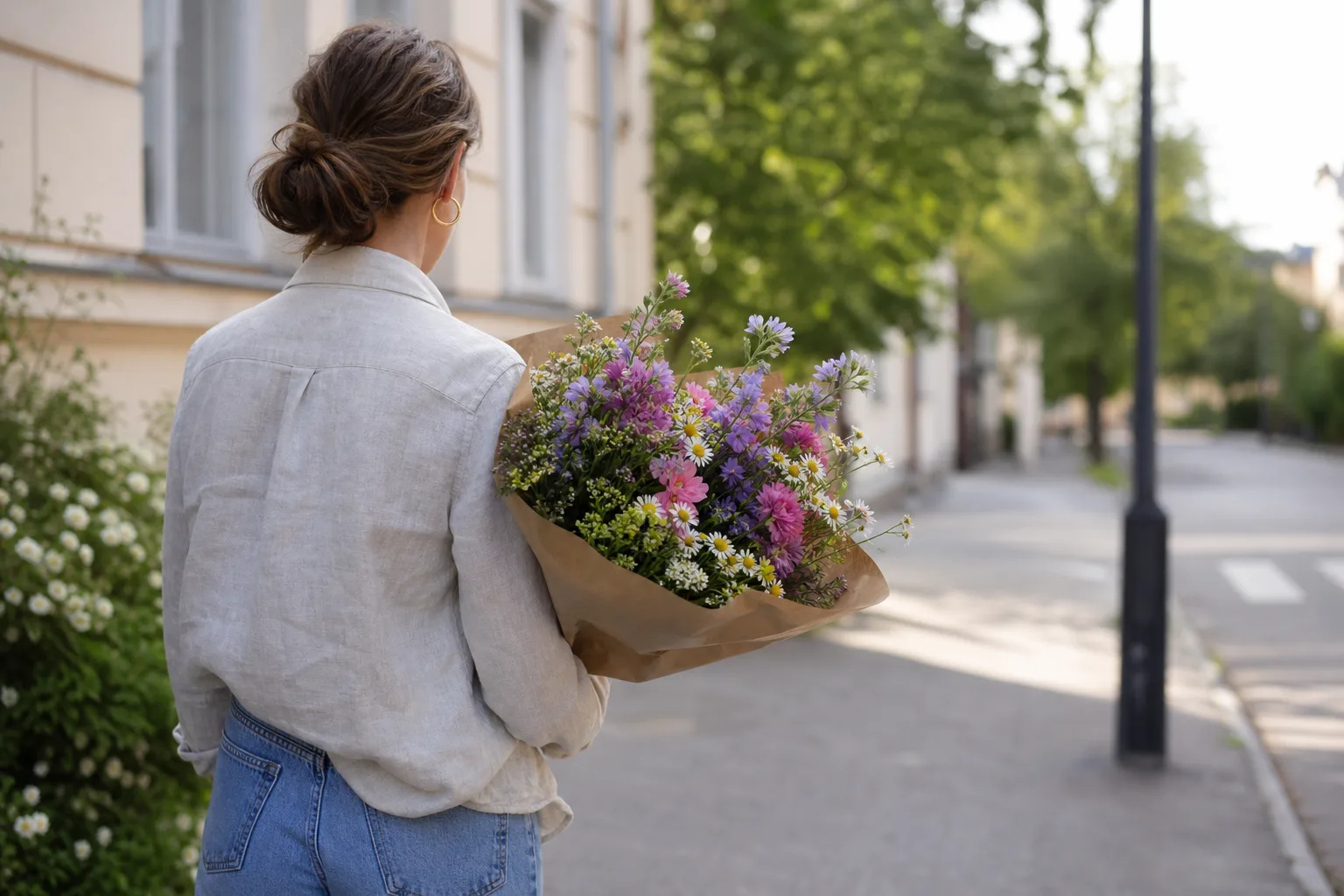 Bukett med säsongens snittblommor, uppbunden och redo för leverans