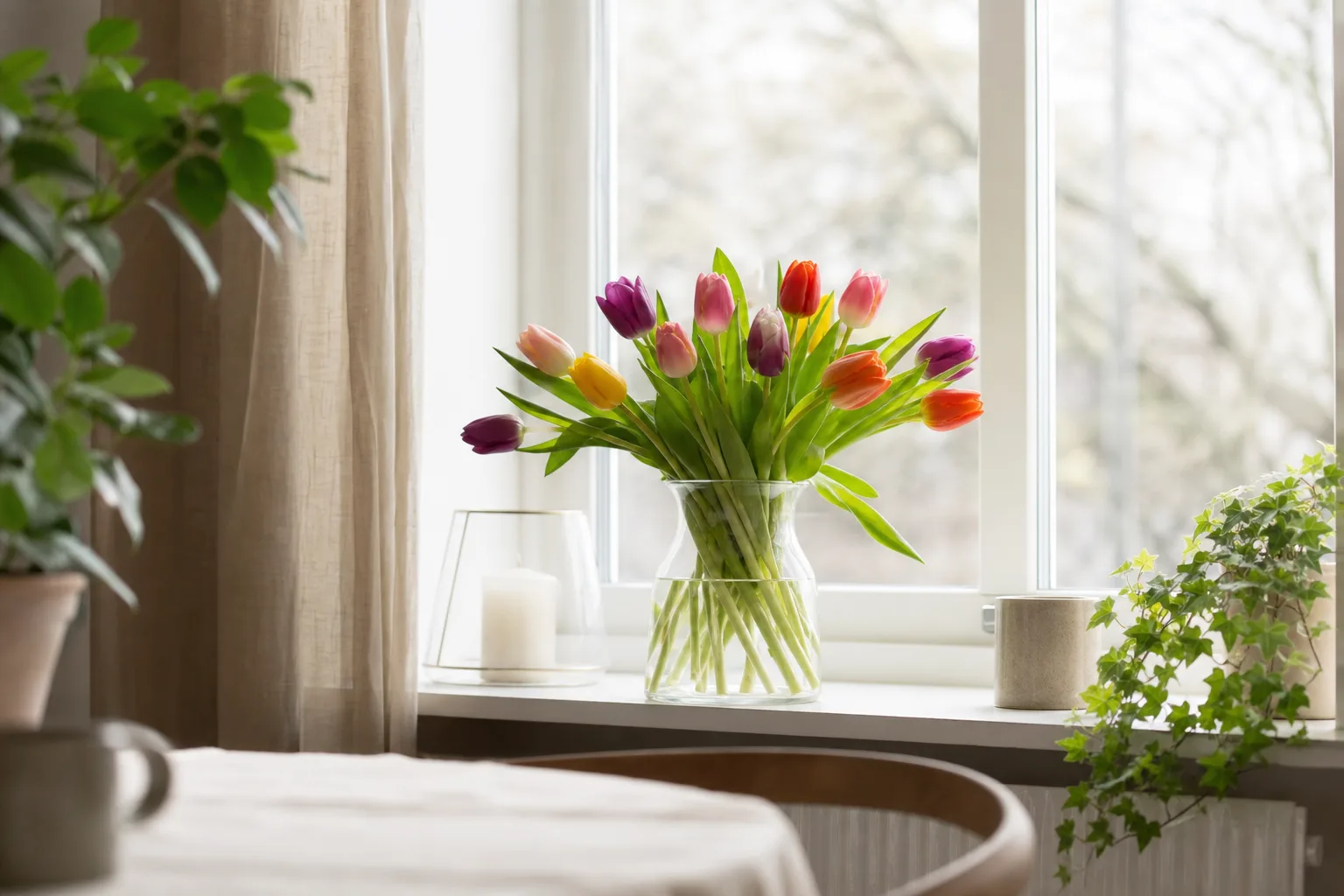 Bukett med snittblommor inslagen i papper, redo att lämnas över