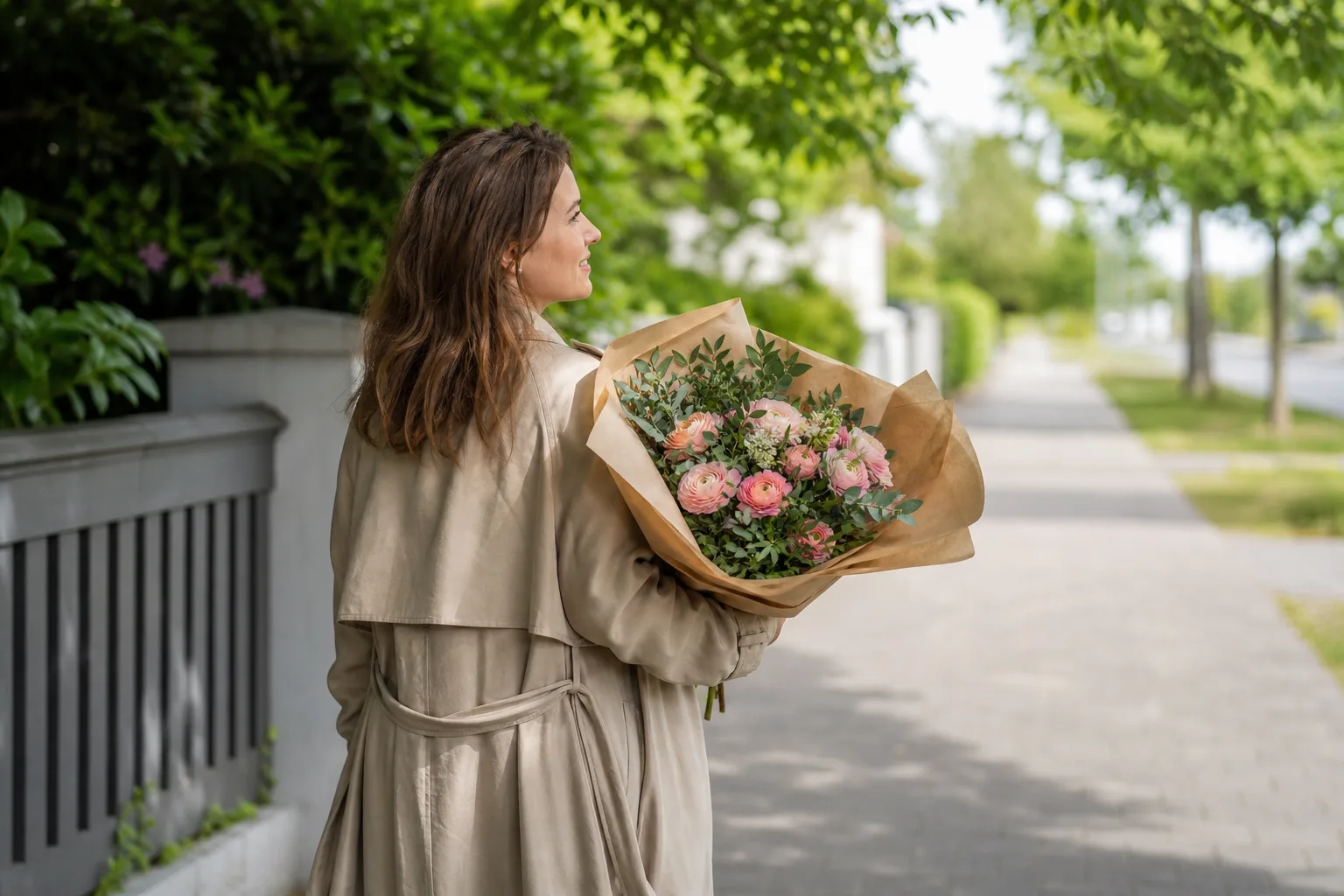 Bukett med säsongsblommor uppställd i en blomsterbutiks skyltfönster.