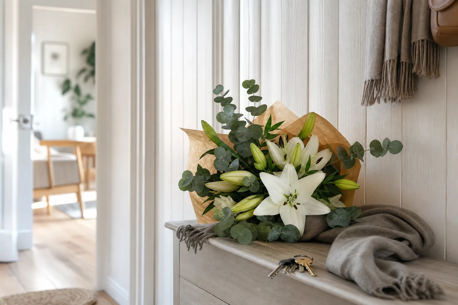 Bukett med snittblommor i sommarfärger mot en neutral bakgrund