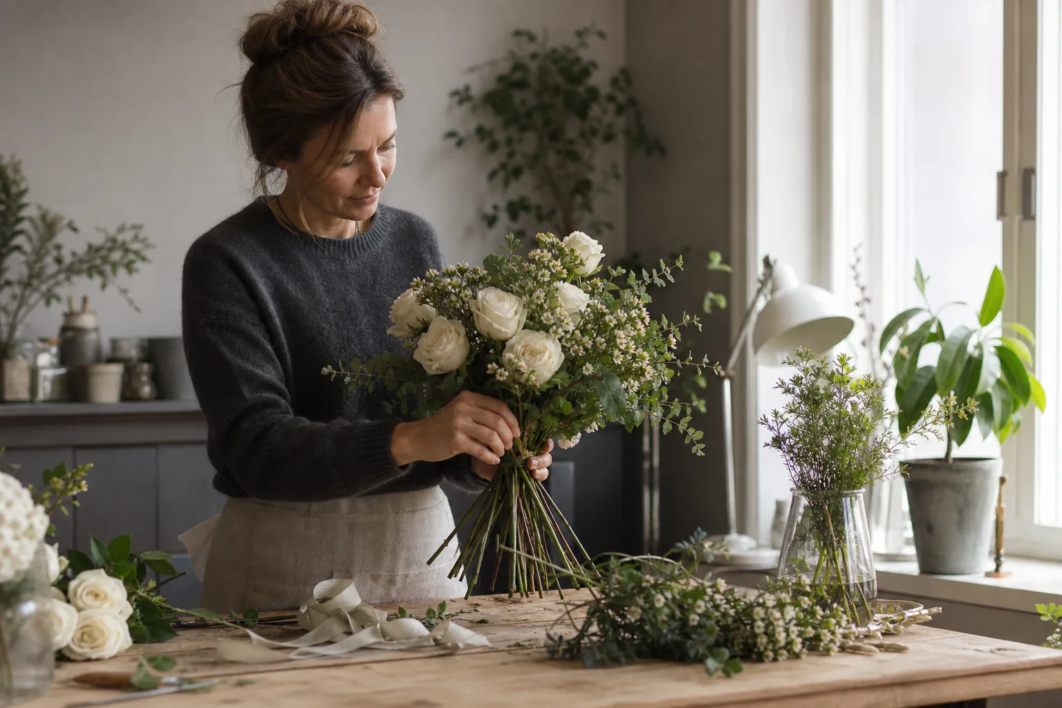 Bukett med blandade snittblommor, redo att packas för budleverans.