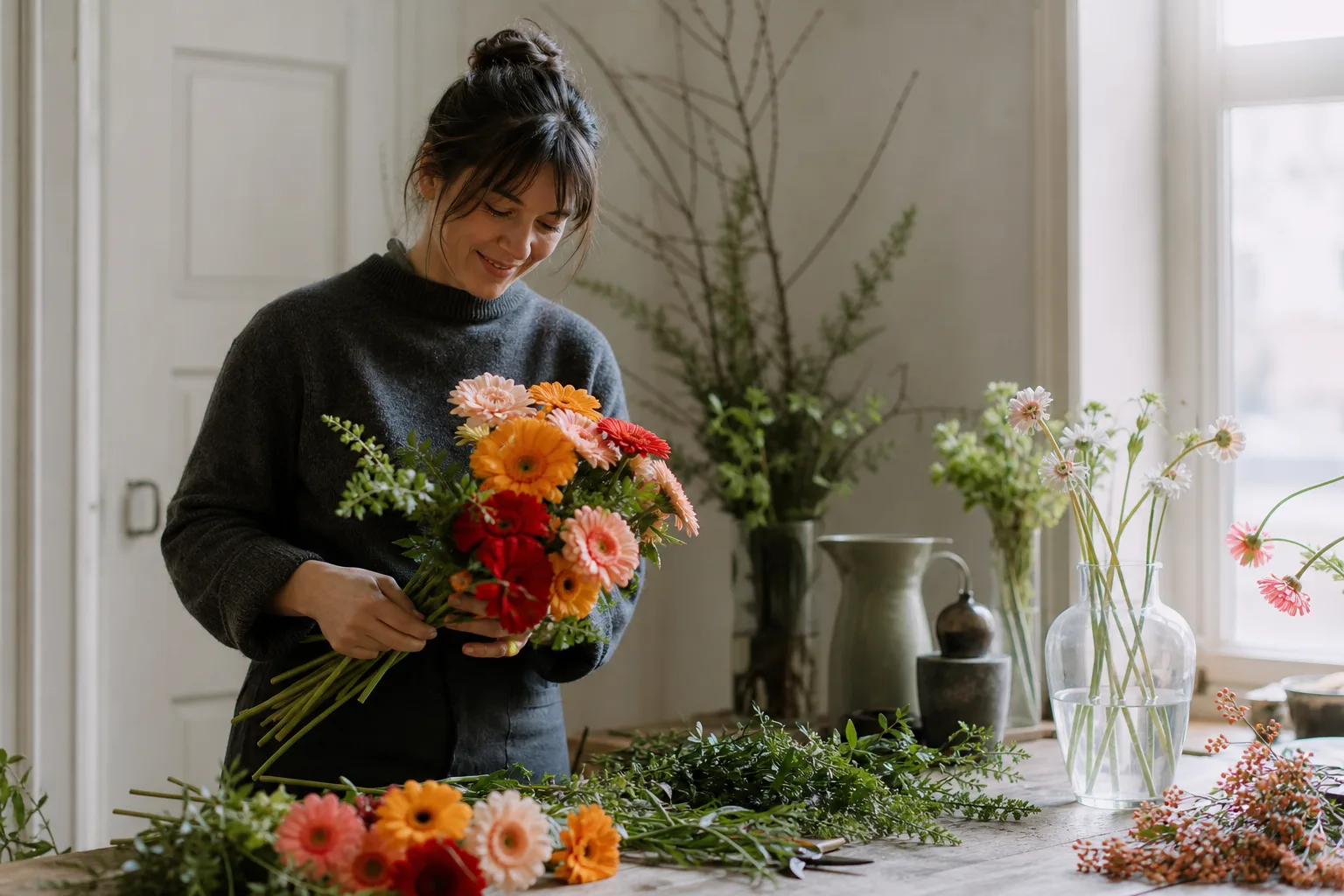 Bukett med snittblommor, bunden för leverans som blombud