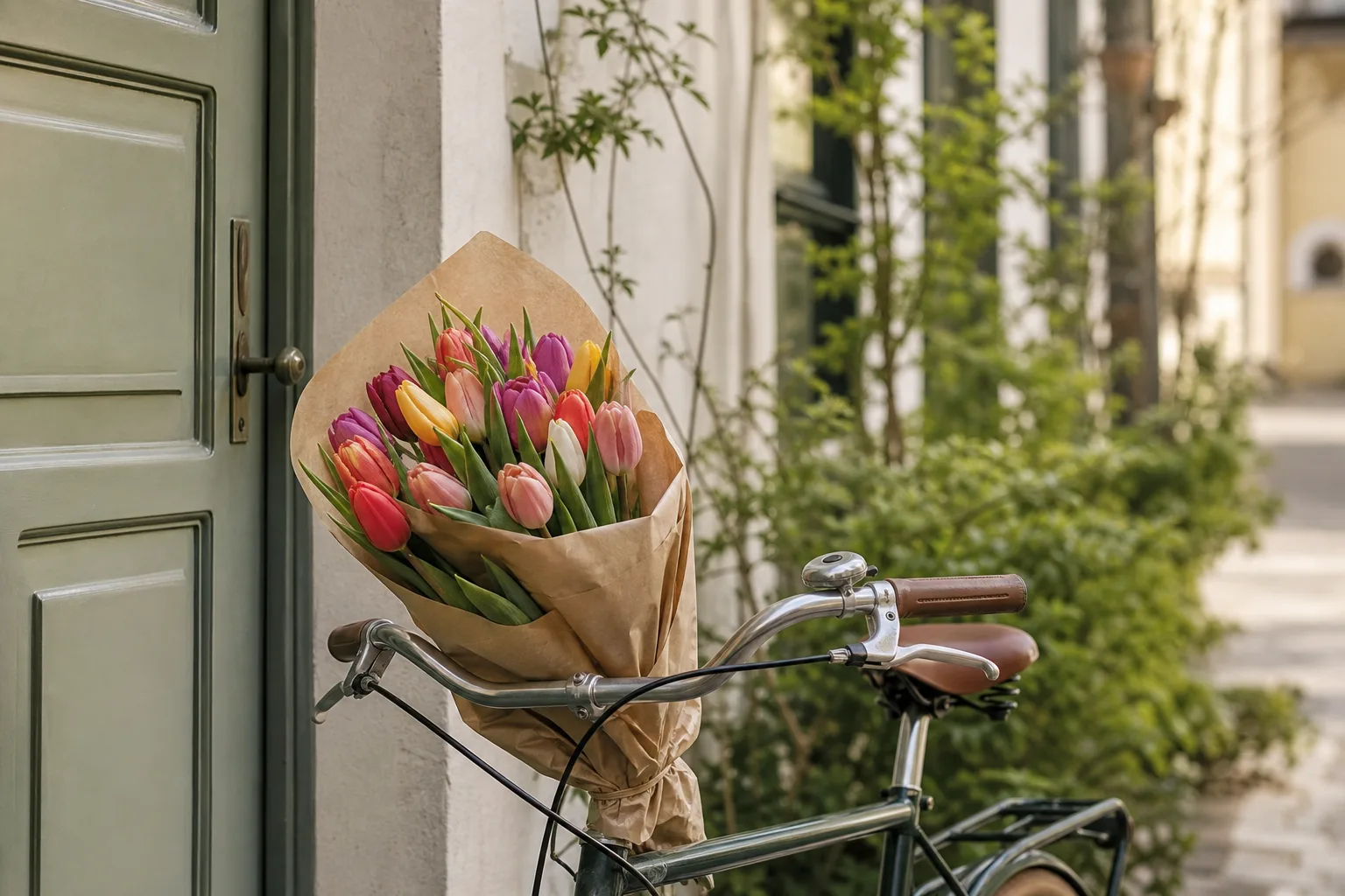 Bukett med säsongsblommor i papper, redo att lämnas över vid en dörr.