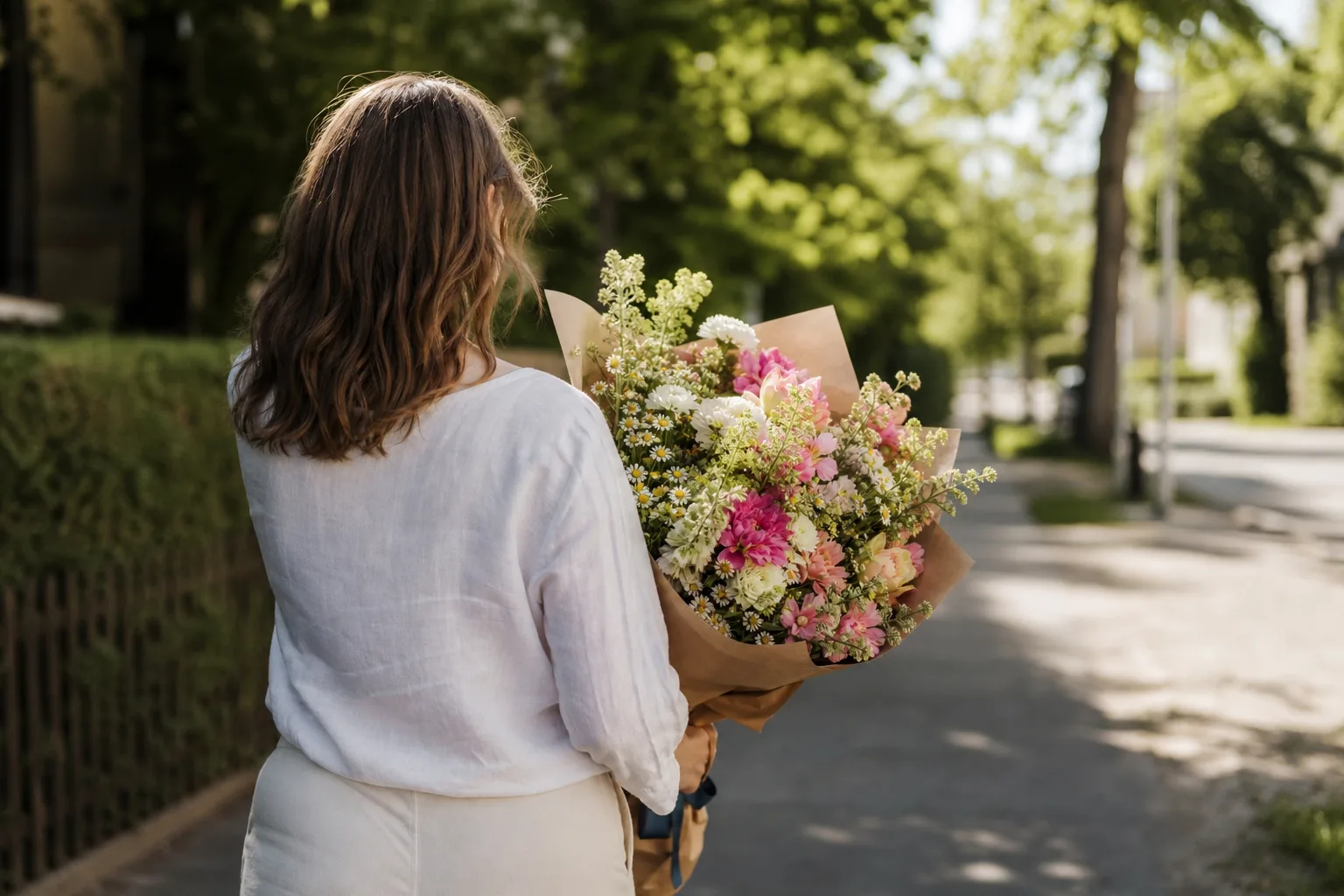 Bukett med säsongens snittblommor, klar för budleverans