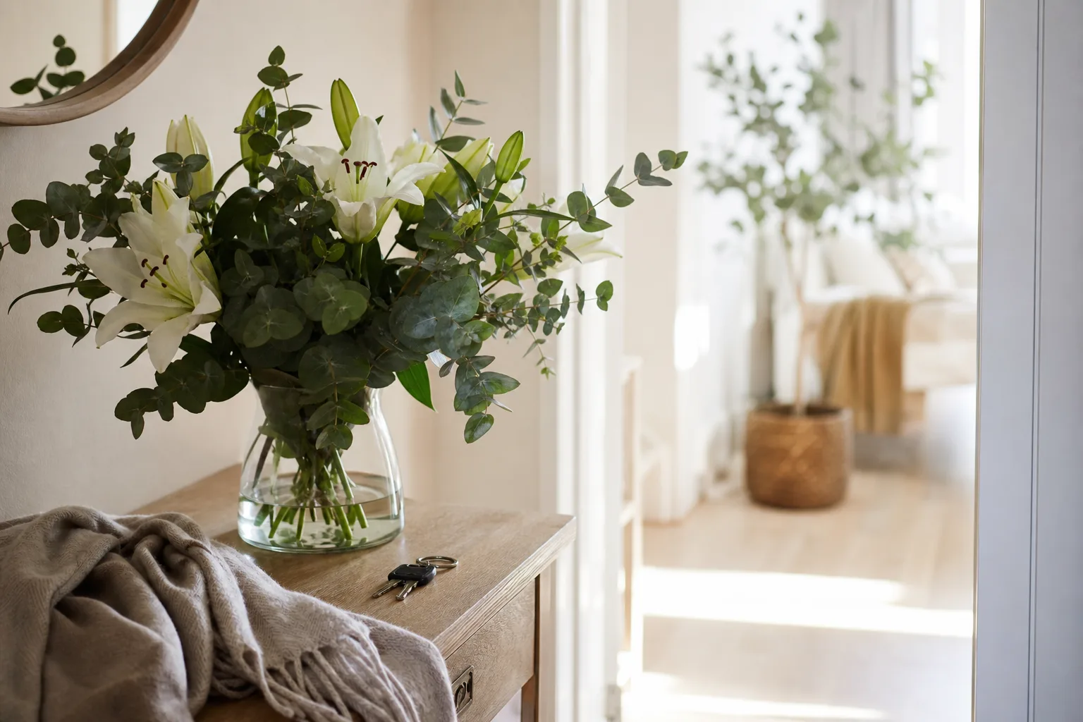 Bukett med snittblommor inslagen i papper