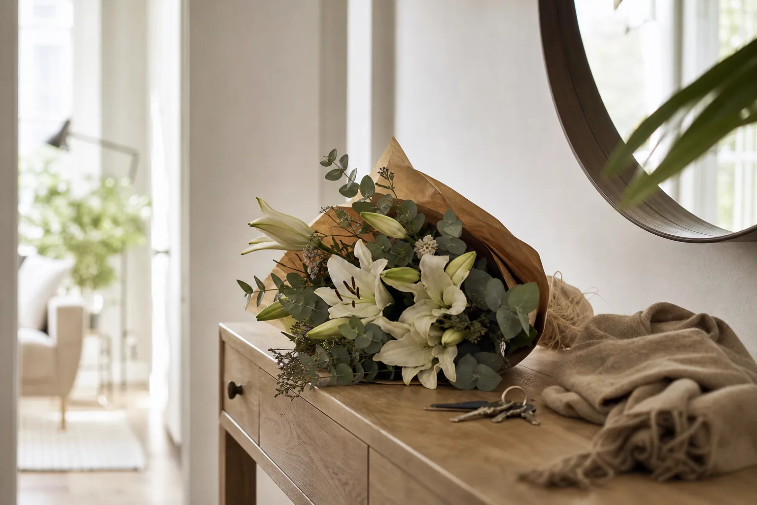 Bukett med snittblommor inslagen i papper