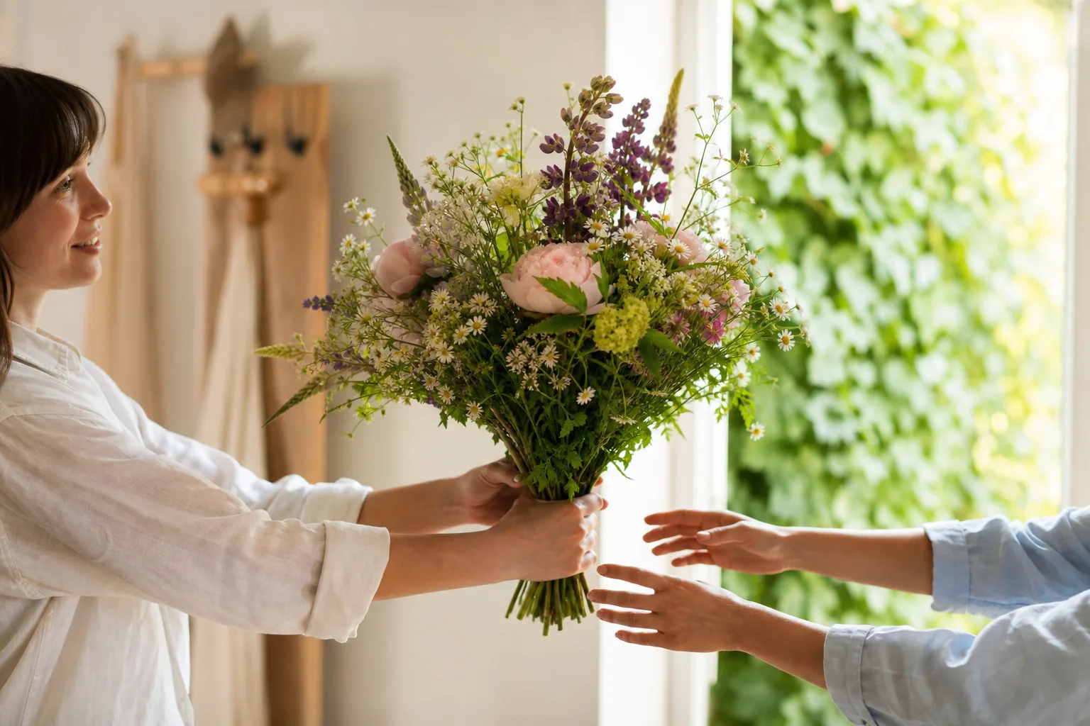 Bukett med blandade snittblommor i omslagspapper, redo att skickas med blombud.