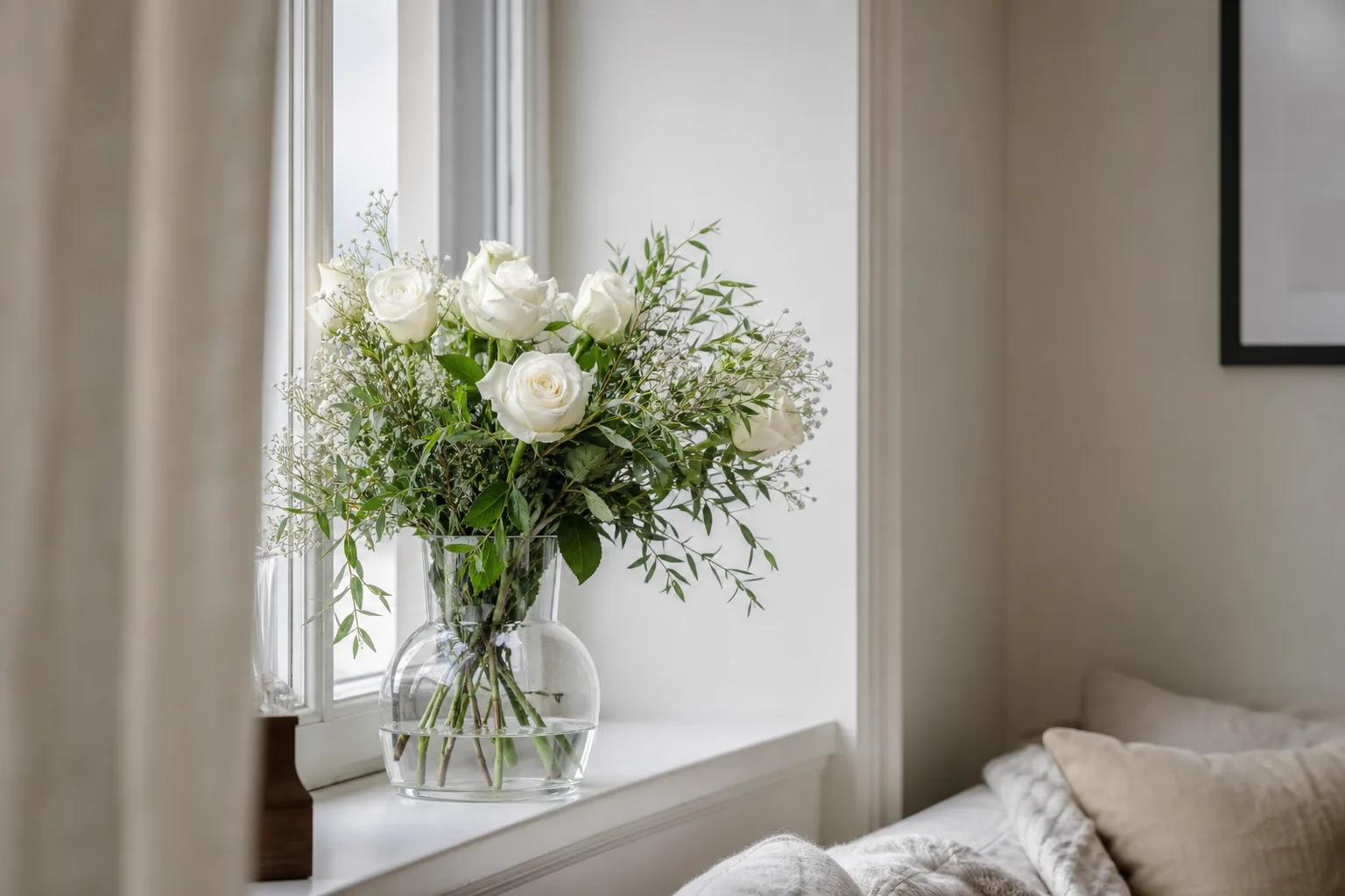Bukett med snittblommor i blandade färger, fotograferad mot neutral bakgrund