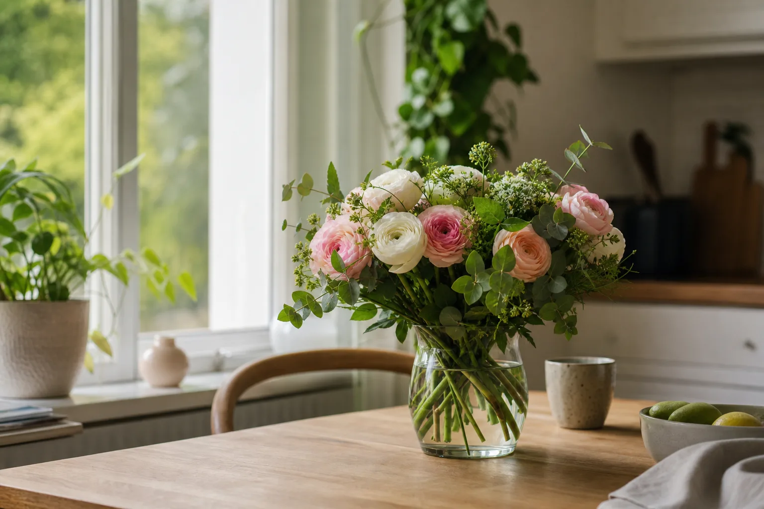 Bukett med säsongsblommor, redo att packas för budleverans.