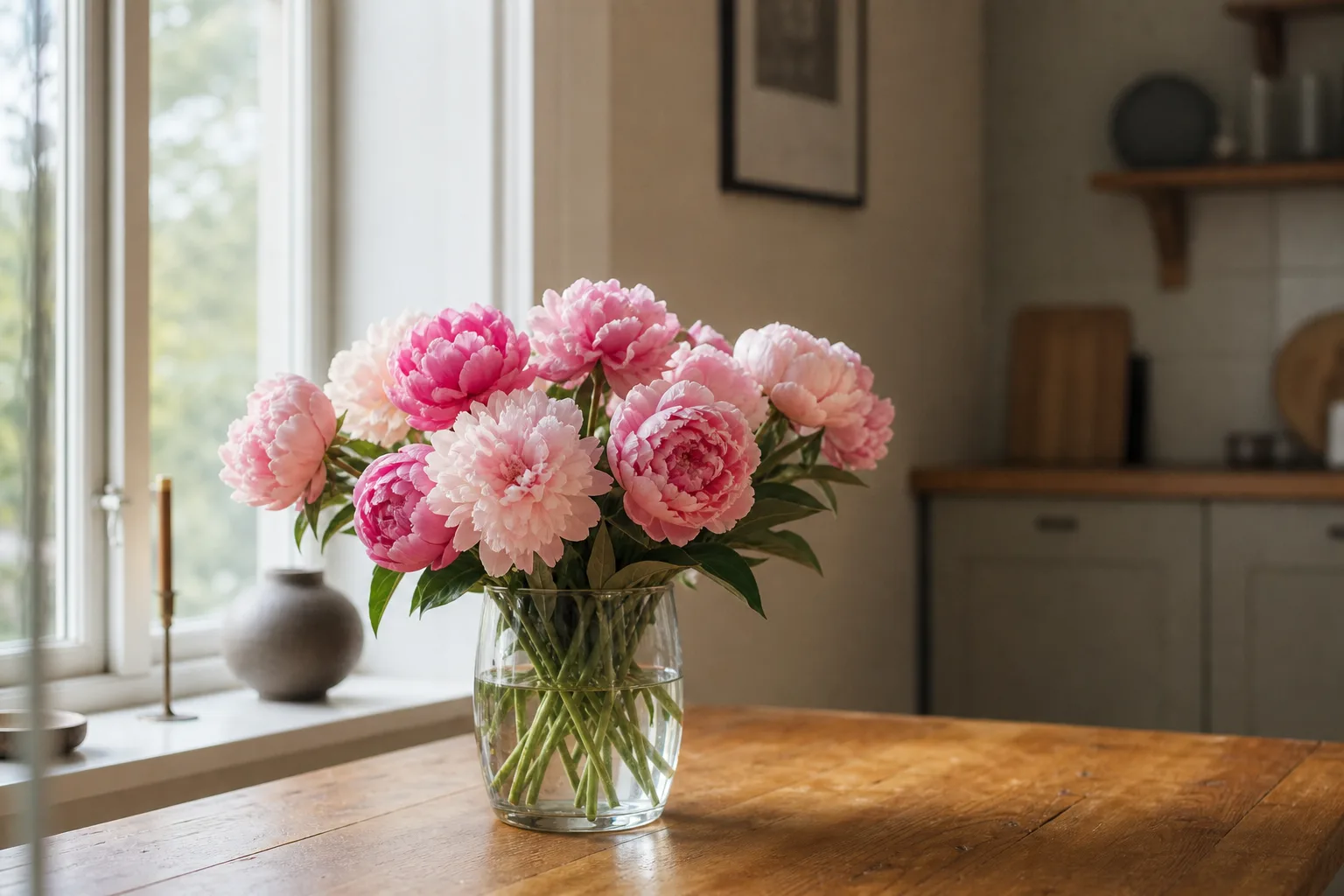 Bukett med säsongsblommor i papper, redo att lämnas över vid en dörr