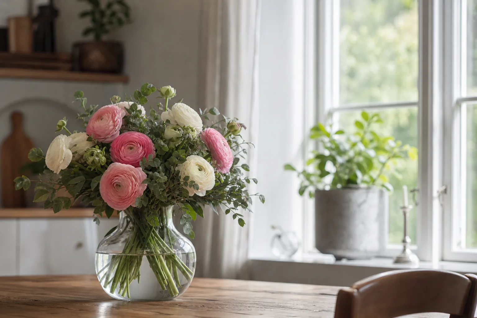 Bukett med blandade snittblommor i pappersomslag, av den typ som skickas som blombud