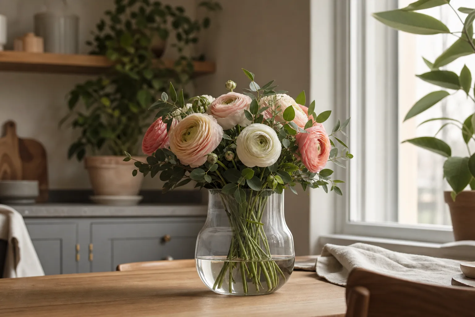 Bukett med rosa och vita snittblommor inslagen i papper