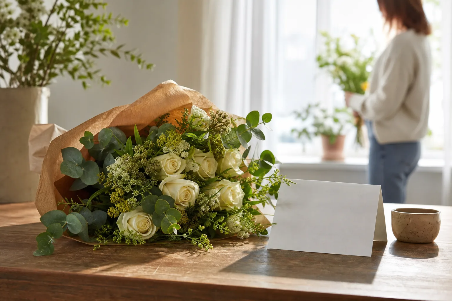 Rund bukett med säsongsblommor inslagen i papper, redo för leverans som blombud.
