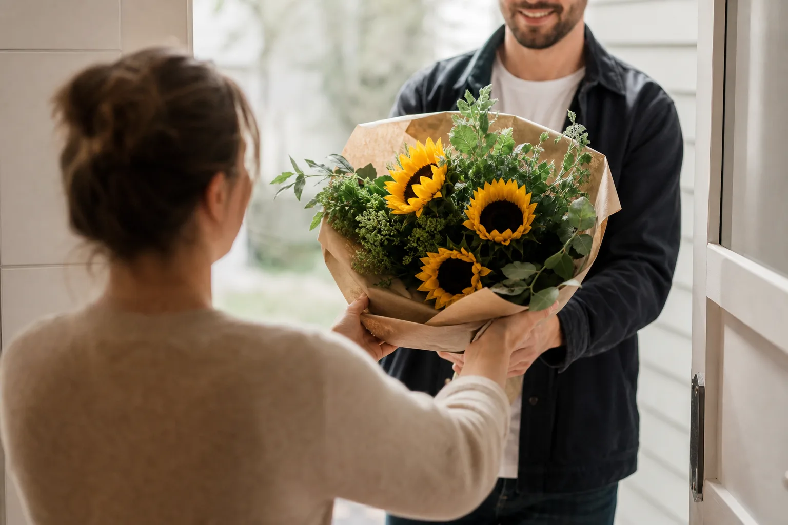 Bukett med blandade snittblommor inslagen i papper, fotograferad mot ljus bakgrund
