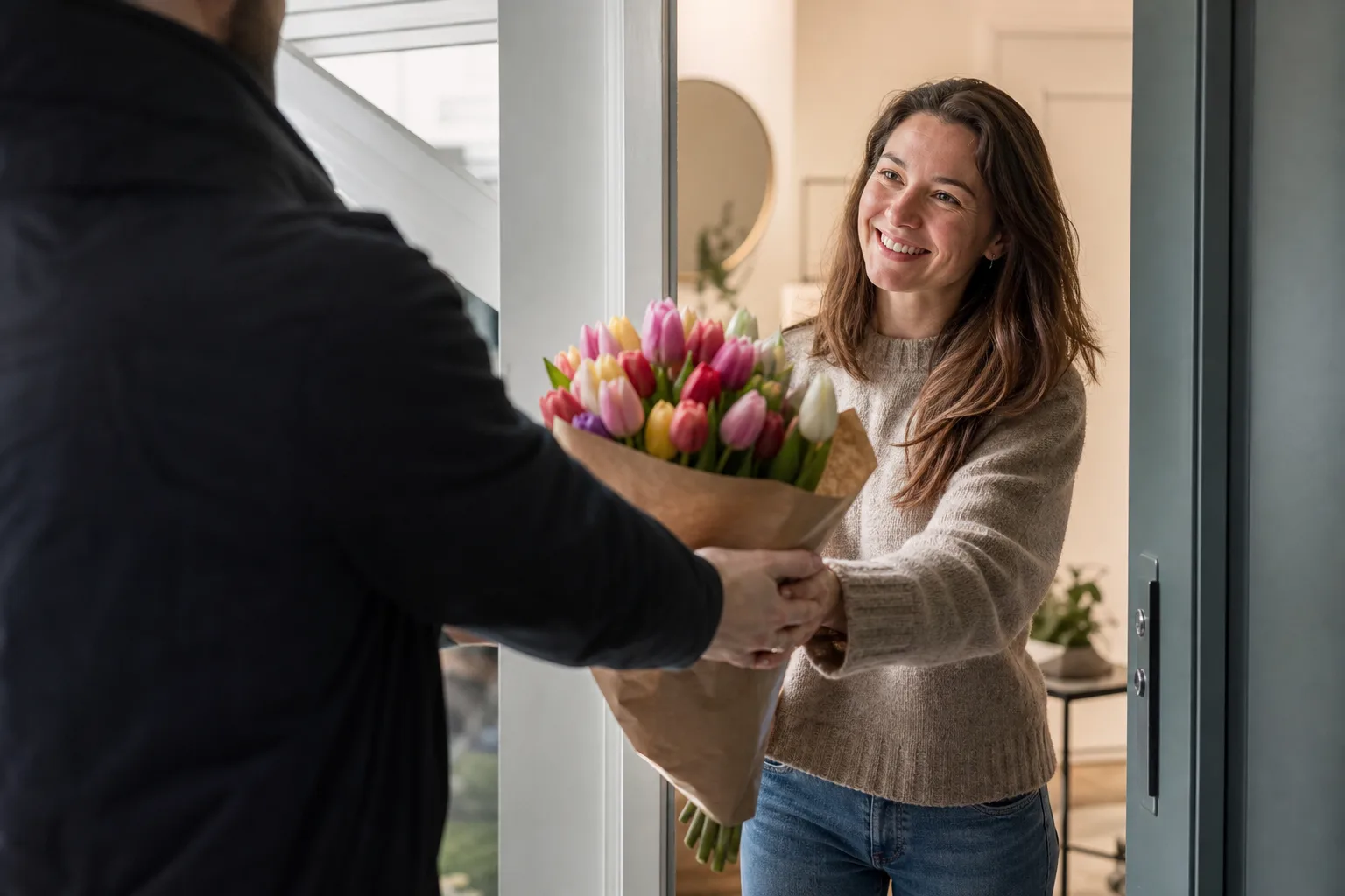 Bukett med säsongsblommor i klarrosa och vitt, förberedd för budleverans.