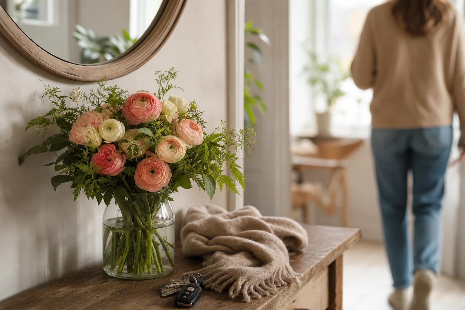 Bukett med snittblommor i papper, fotograferad på ett bord inomhus.