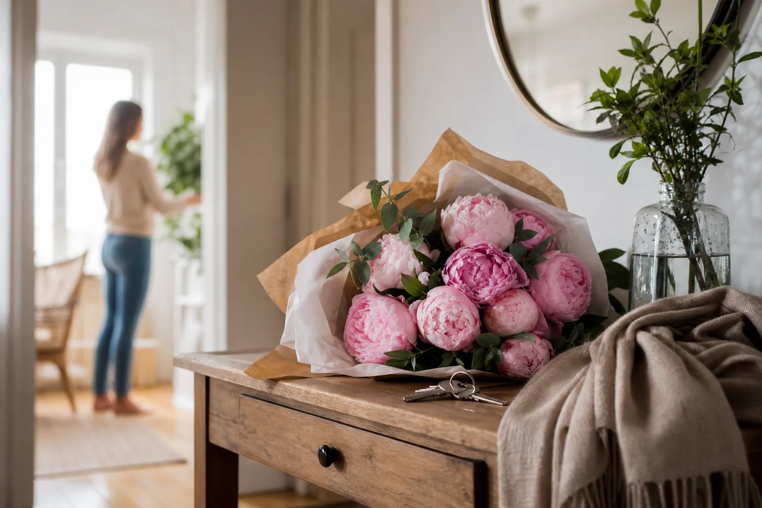 Bukett med snittblommor i omslagspapper, förberedd för budleverans.